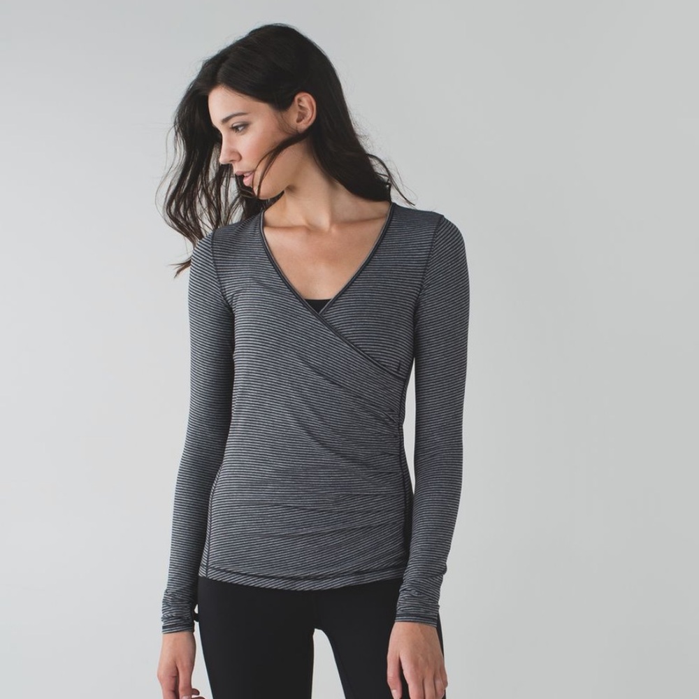 Women's Long Sleeve Wrap-Front Tee in Charcoal Stripe